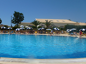 Outdoor pool looking towards the cafe and indoor pool